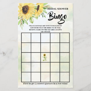 Sunflowers Greenery Bridal Shower Bingo Game Card