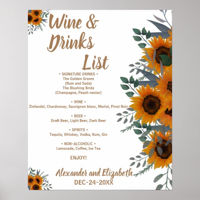 Sunflowers Greenery Drinks list Bridal Wedding Poster (Front)