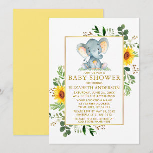 Sunflowers Greenery Elephant Baby Shower Gold Invitation