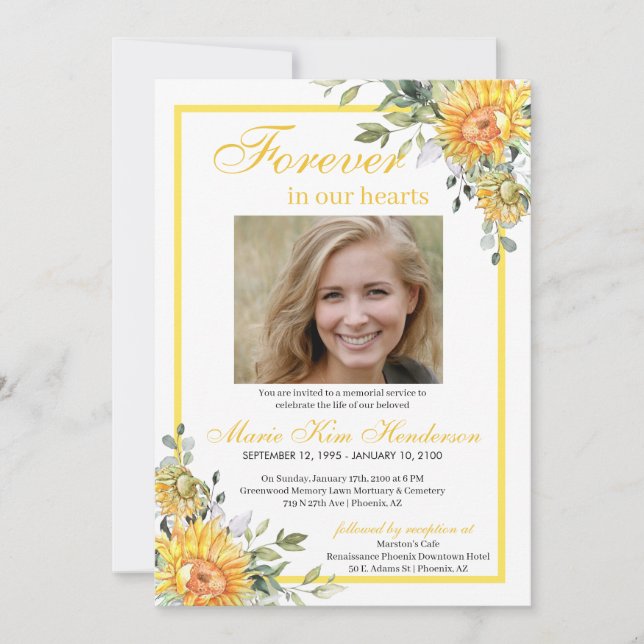 Sunflowers Greenery Forever in our Hearts Funeral Invitation (Front)