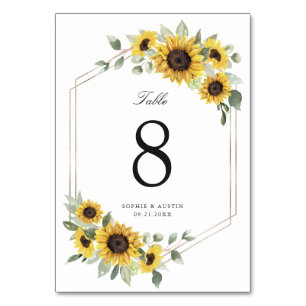 Sunflowers Greenery Gold Geometric Wedding Table Number