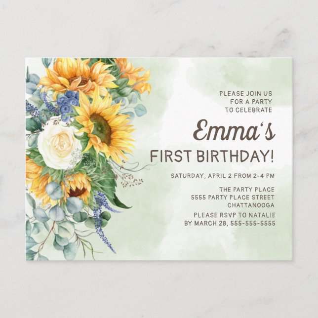 Sunflowers Greenery Little Girls 1st Birthday Postcard (Front)