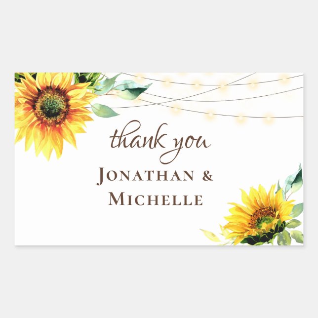 Sunflowers Greenery String Lights Rustic Thank You Sticker (Front)