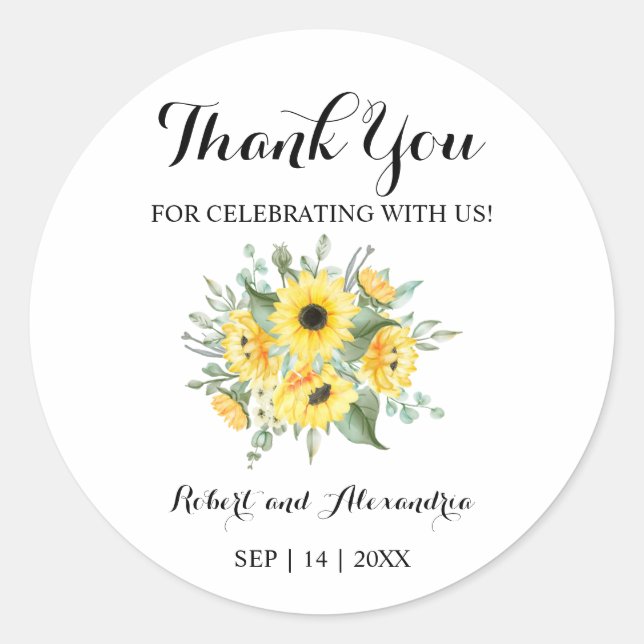 Sunflowers Greenery Thank You for Coming Wedding Classic Round Sticker (Front)