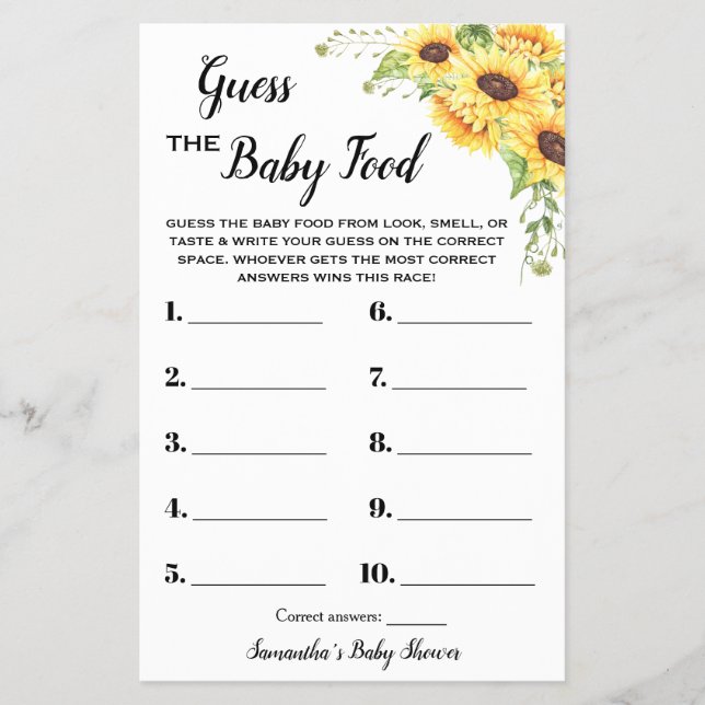 Sunflowers Guess the Baby Food Shower Game Card (Front)