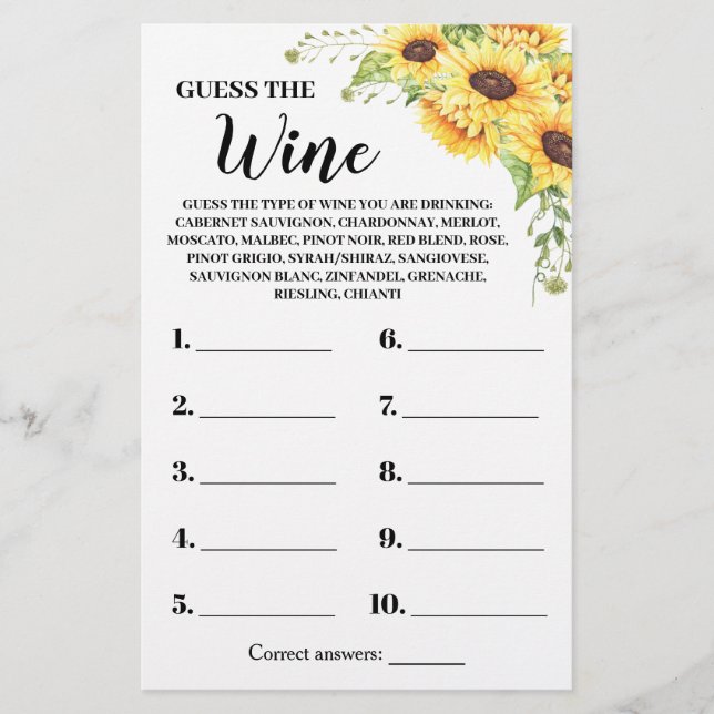 Sunflowers Guess the Wine Couples Shower Game Card (Front)