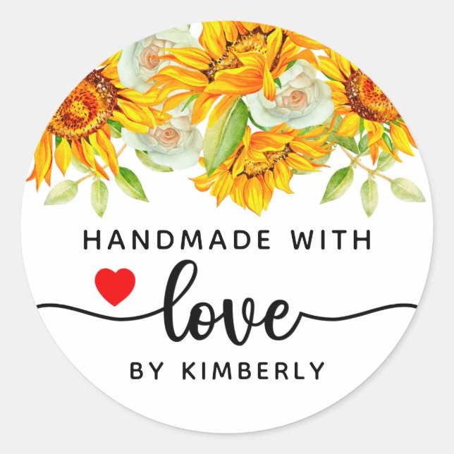 Sunflowers Handmade with Love Classic Round Sticker (Front)