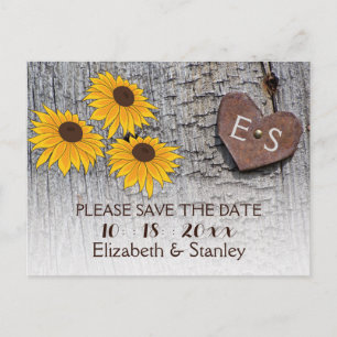 Sunflowers & heart on wood wedding Save the Date Announcement Postcard