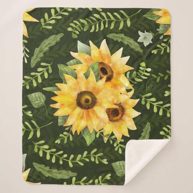 Sunflowers Herbs Leaves Watercolor Pattern Sherpa Blanket (Front)