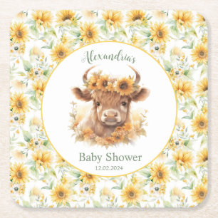 Sunflowers Highland Cow Baby Shower Paper Coaster