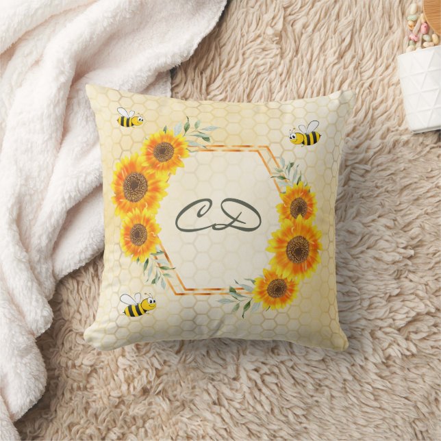 Sunflowers honeycomb bee monogram throw pillow (Blanket)