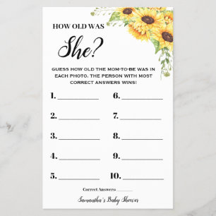 Sunflowers How old was She Baby Shower Game card