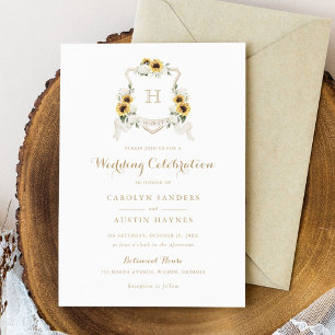 Sunflowers Hydrangea Crest Monogram Wedding Invitation