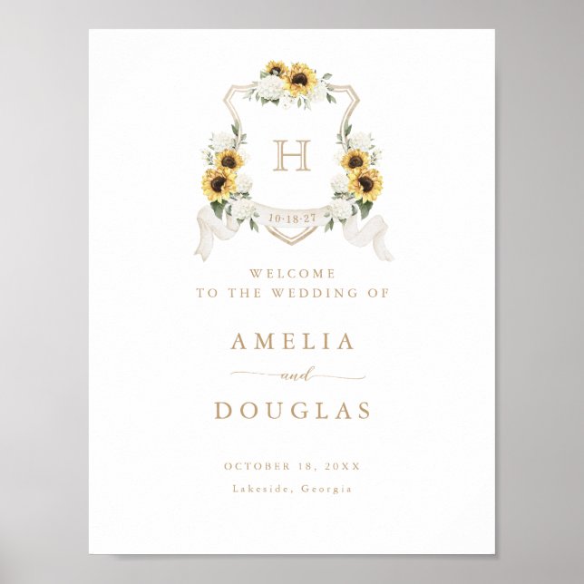 Sunflowers Hydrangea Crest Monogram Welcome Sign (Front)