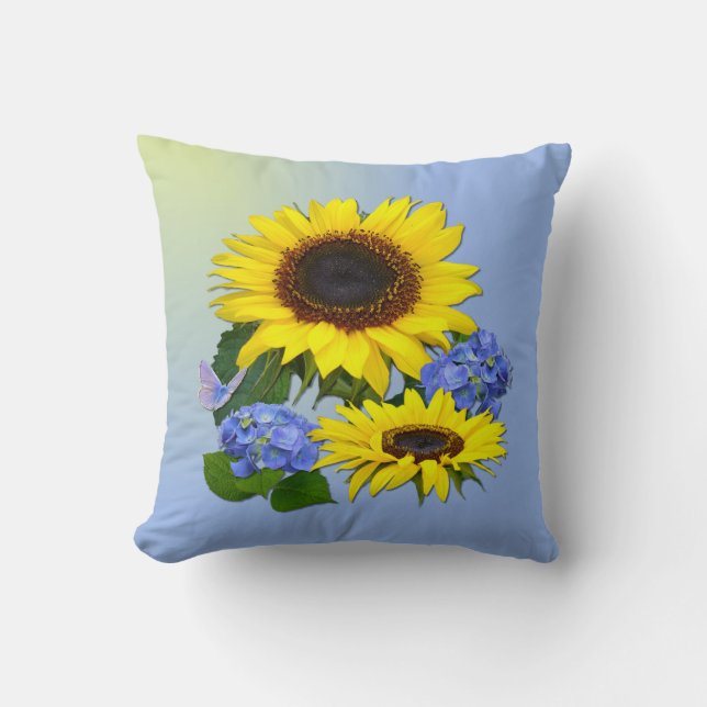 Sunflowers & Hydrangeas Throw Pillow (Front)