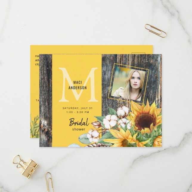 Sunflowers in Bloom Rustic Photo Bridal Shower Invitation Postcard (Front/Back In Situ)