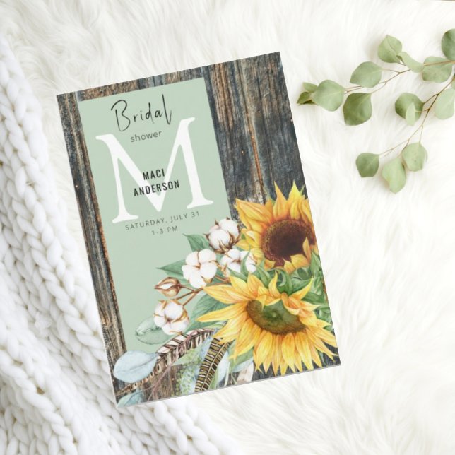 Sunflowers in Bloom Rustic Wood Sage Bridal Shower Invitation (Creator Uploaded)