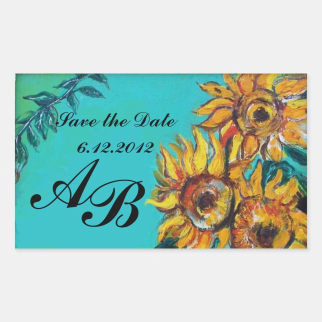 SUNFLOWERS IN BLUE TEAL Save the Date Monogram Sticker (Front)