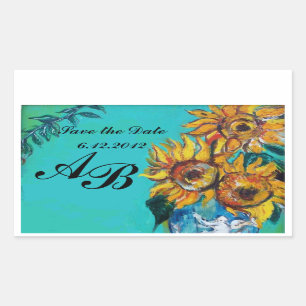 SUNFLOWERS IN BLUE TEAL Save the Date Monogram Sticker