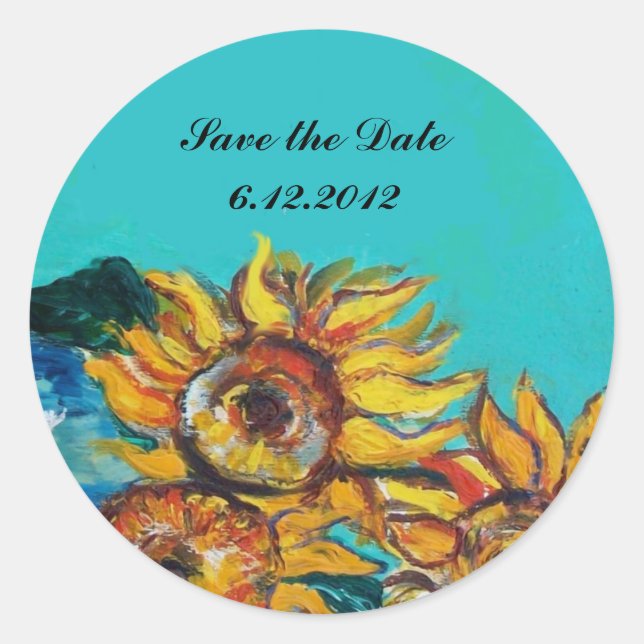 SUNFLOWERS IN BLUE TURQUOISE Save the Date Classic Round Sticker (Front)