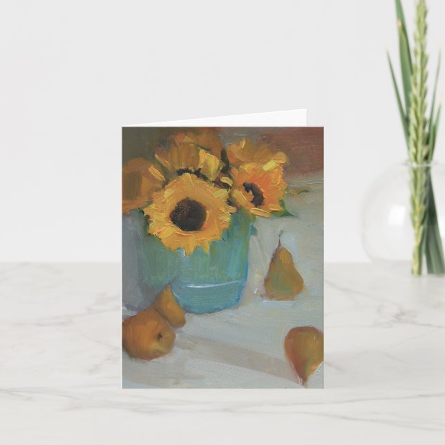 Sunflowers in Ceramic Pot with Pears - a note card (Front)
