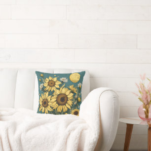 Sunflowers in Full Moon Van Gogh Style Floral  Throw Pillow