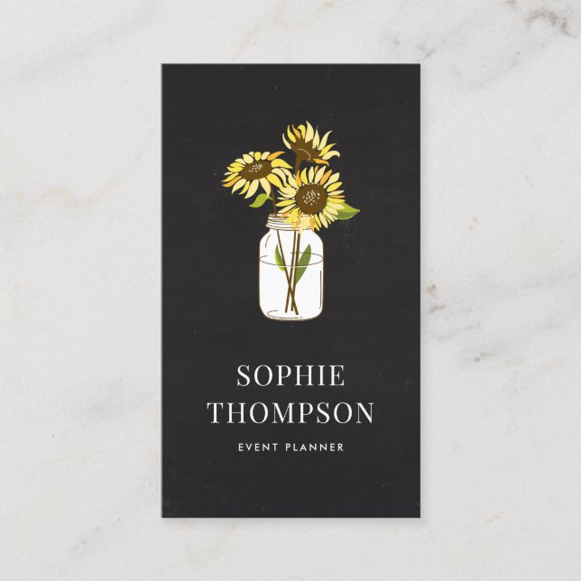 Sunflowers in Mason Jar Chalkboard Country Rustic Business Card (Front)