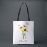 Sunflowers in Mason Jar Personalized Tote Bag<br><div class="desc">Feminine and stylish customizable tote bag featuring yellow sunflowers in mason jar with butterfly accents. Personalize this floral tote bag by adding names or short phrase. Perfect for bridesmaids and as a personalized gifts for special occasions.</div>