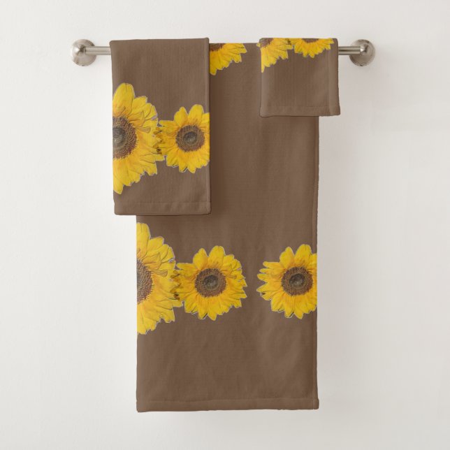 Sunflowers in toffee brown bath towel set (Insitu)