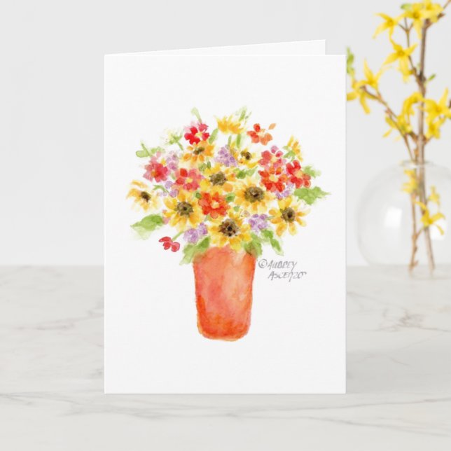 Sunflowers in Vase Blank Greeting Card (Yellow Flower)