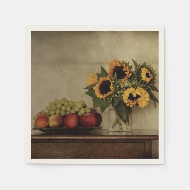 Sunflowers in Vase, Bowl of Fruit on Table Napkin (Front)