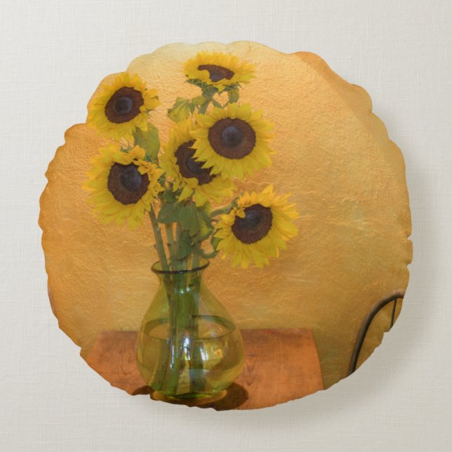 Sunflowers in vase on table 2 round pillow (Front)