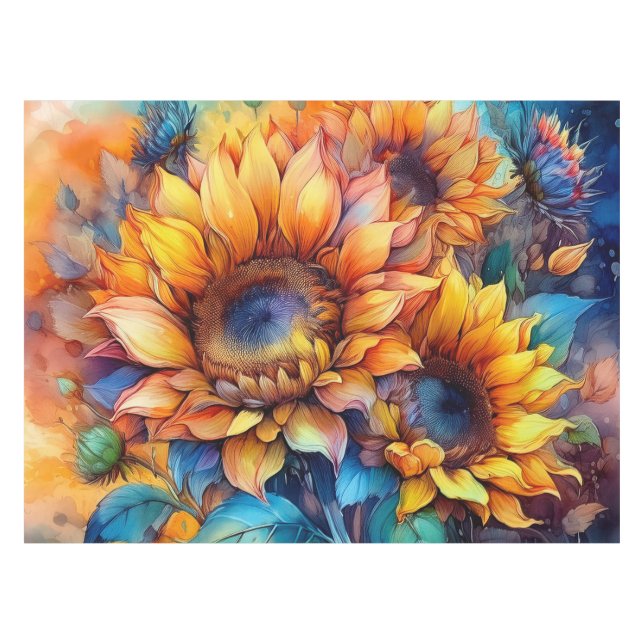 Sunflowers in Watercolor Tablecloth (Front (Horizontal))