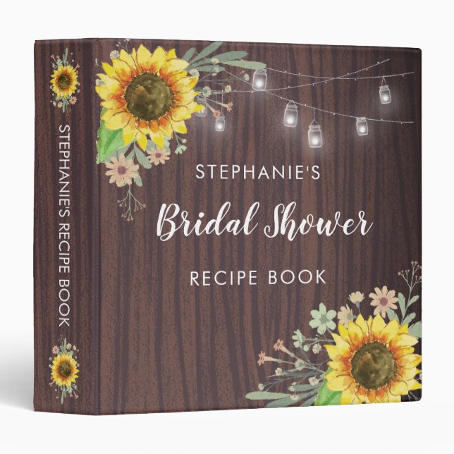 Sunflowers Jar Lights Wood Bridal Shower Recipe Binder (Front/Spine)