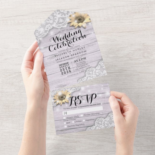 Sunflowers Lace Rustic Wood String Lights Wedding  All In One Invitation (Tearaway)
