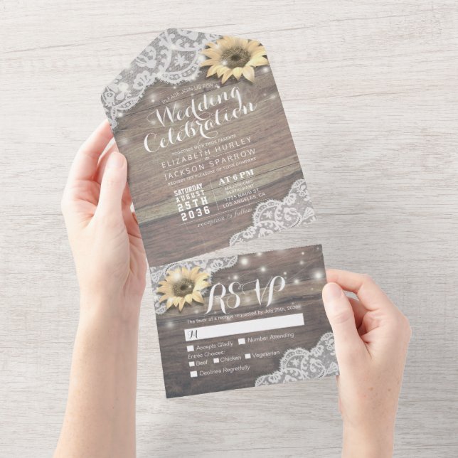 Sunflowers Lace Rustic Wood String Lights Wedding All In One Invitation (Tearaway)