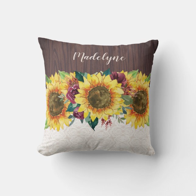 Sunflowers Lace Wood Rustic Name Monogrammed Throw Pillow (Front)