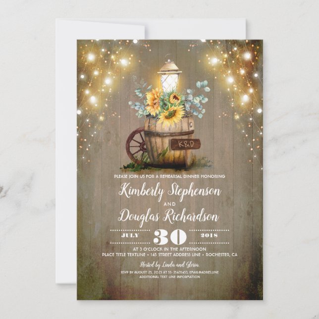 Sunflowers Lantern Rustic Fall Rehearsal Dinner Invitation (Front)