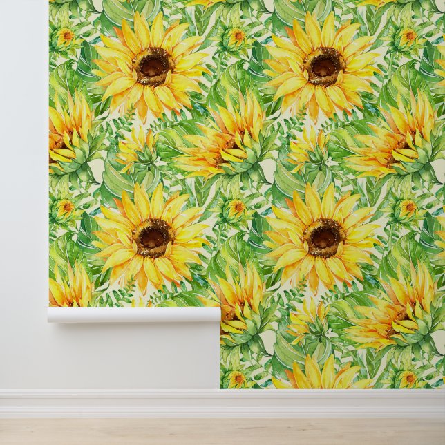 Sunflowers Large Floral on Cream  Wallpaper (Application)