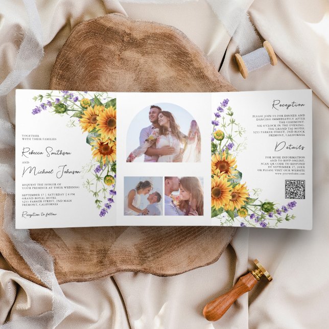 Sunflowers Lavender All in One QR Code Wedding Tri-Fold Invitation (Creator Uploaded)