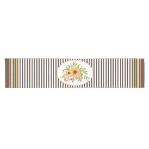Sunflowers, leaves, fall berries and stripes short table runner