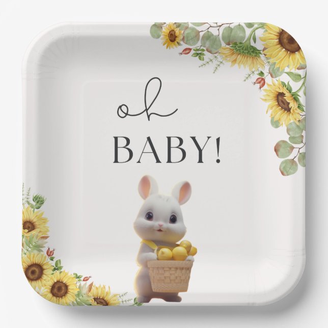 Sunflowers Lemon Citrus Rabbit Summer Baby Shower  Paper Plate (Front)
