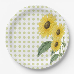 Sunflowers Light Green Polkadots on White Custom  Paper Plate