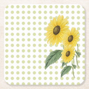 Sunflowers & Light Green Polkadots on White Custom Square Paper Coaster