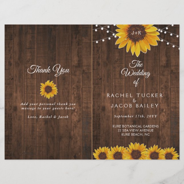 Sunflowers Lights Rustic Folded Wedding Program (Front)