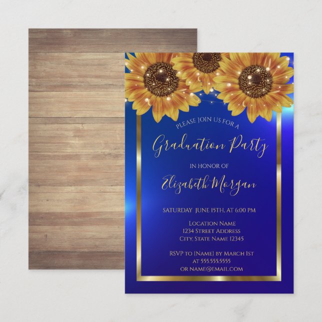 Sunflowers,Lights, Wood,Confetti Blue Graduation Invitation (Front/Back)