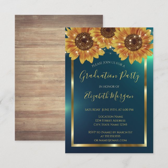 Sunflowers,Lights, Wood,Confetti Green Graduation Invitation (Front/Back)