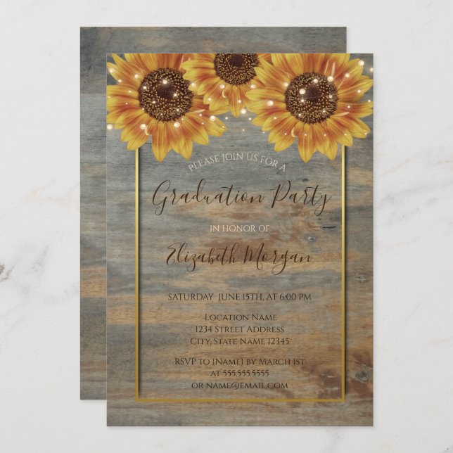 Sunflowers,Lights, Wood,Gold Frame Graduation  Invitation (Front/Back)