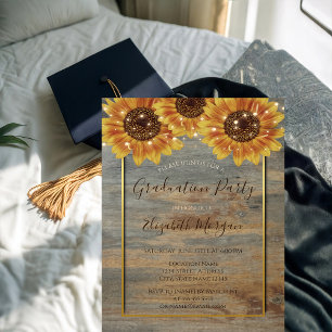 Sunflowers,Lights, Wood,Gold Frame Graduation  Invitation