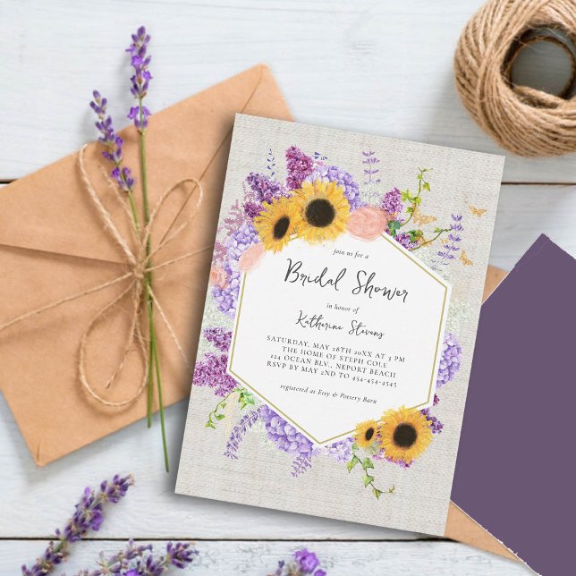 Sunflowers Lilac Hexagon Rustic Chic Bridal Shower Invitation (rustic bridal shower invitation sunflowers lilac hydrangea butterflies hexagon burlap country chic)